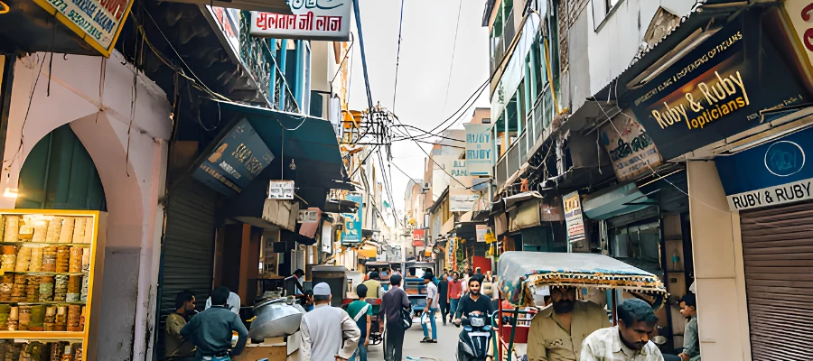 Busy narrow lane of Chandni Chowk Delhi with local shops, signboards, and people walking and riding rickshaws.