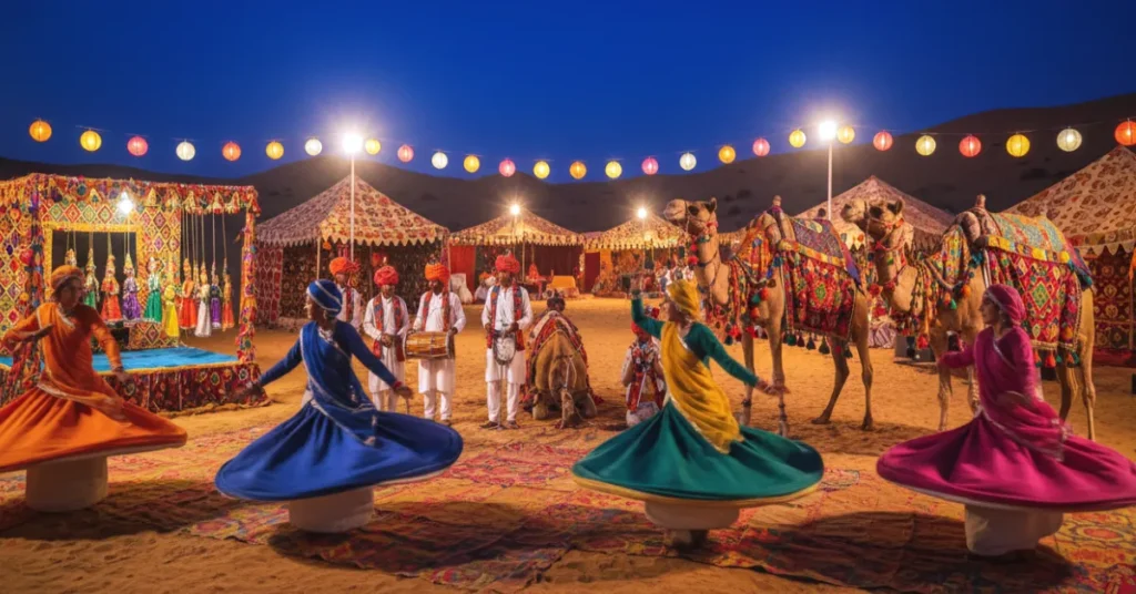 Rajasthani folk dancers performing Ghoomar with colorful costumes, decorated camels, and a lively desert fair atmosphere during sunset.