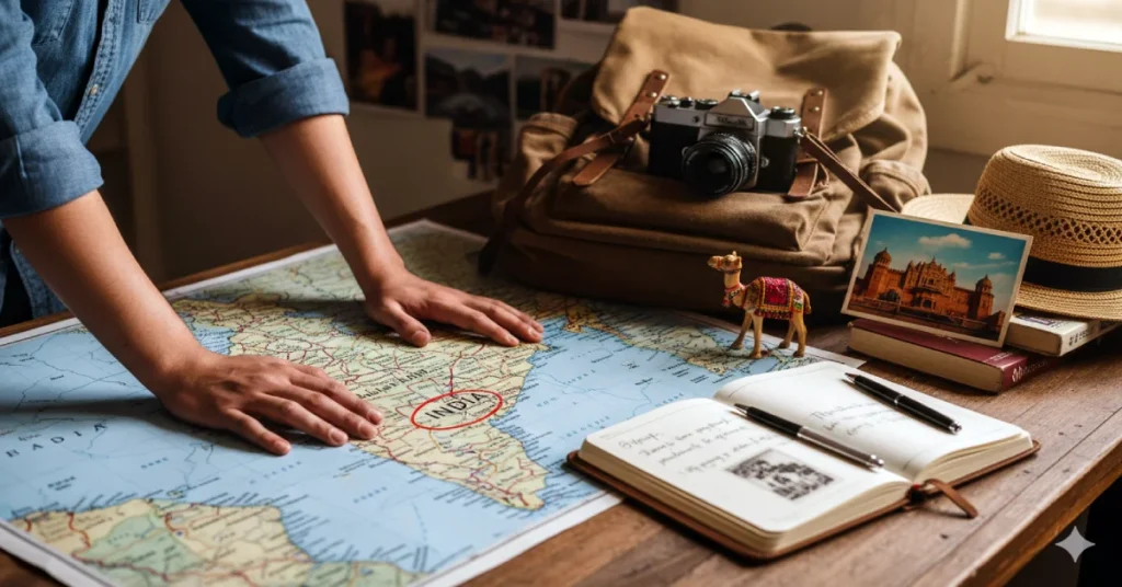 Flat lay of Rajasthan travel essentials including map, backpack, camera, hat, and travel guide book arranged on a wooden table.